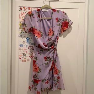 purple wrap dress with red flowers